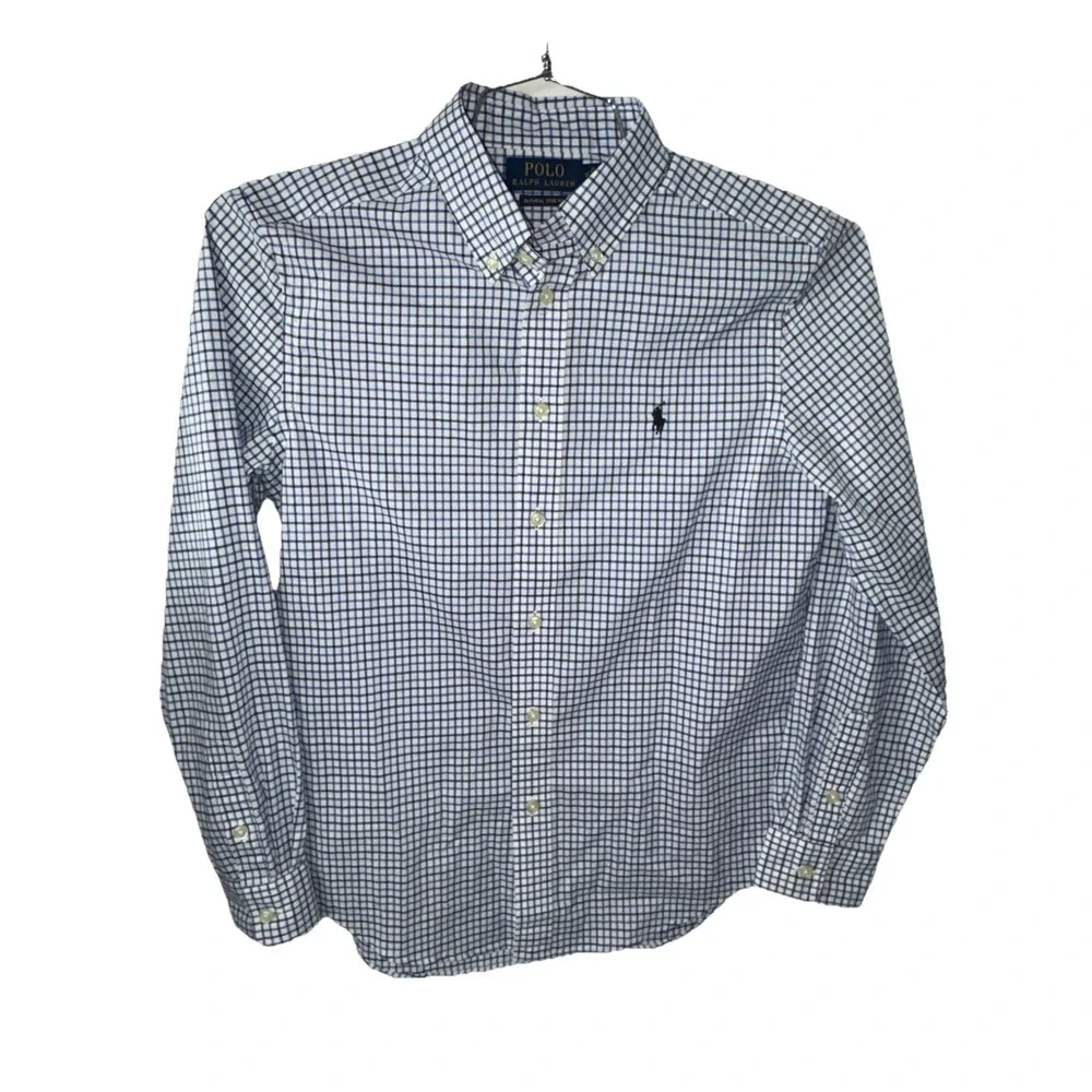Ralph Lauren Boys Natural Stretch Blue White Check Button Down Shirt Large 14-16